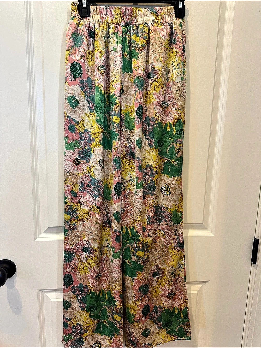 Floral Wide Leg Pants Pink & Green and Yellow Satin Pants